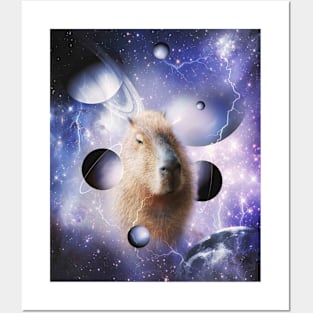 Capybara Face In Cosmic Galaxy Lightning Moon Space Posters and Art